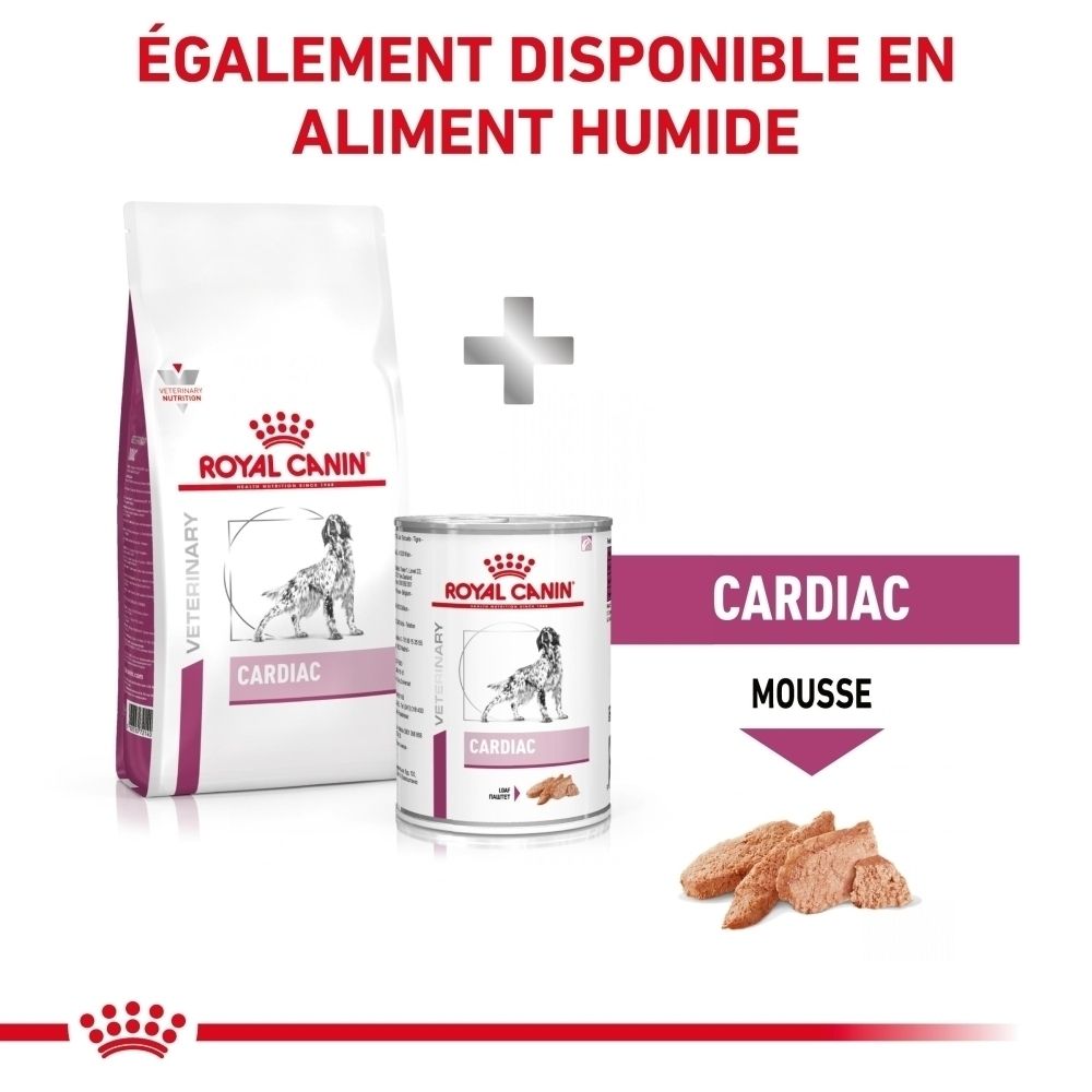 Nourriture sèche et humide Royal Canin Cardiac pour chiens. Comprend un sac de croquettes et une boîte de nourriture humide.