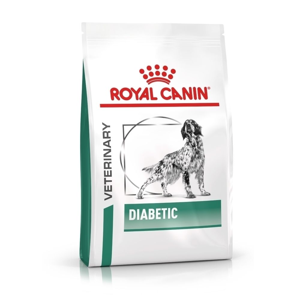 Zak ROYAL CANIN Veterinary Diabetic hondenvoer met hondenafbeelding.