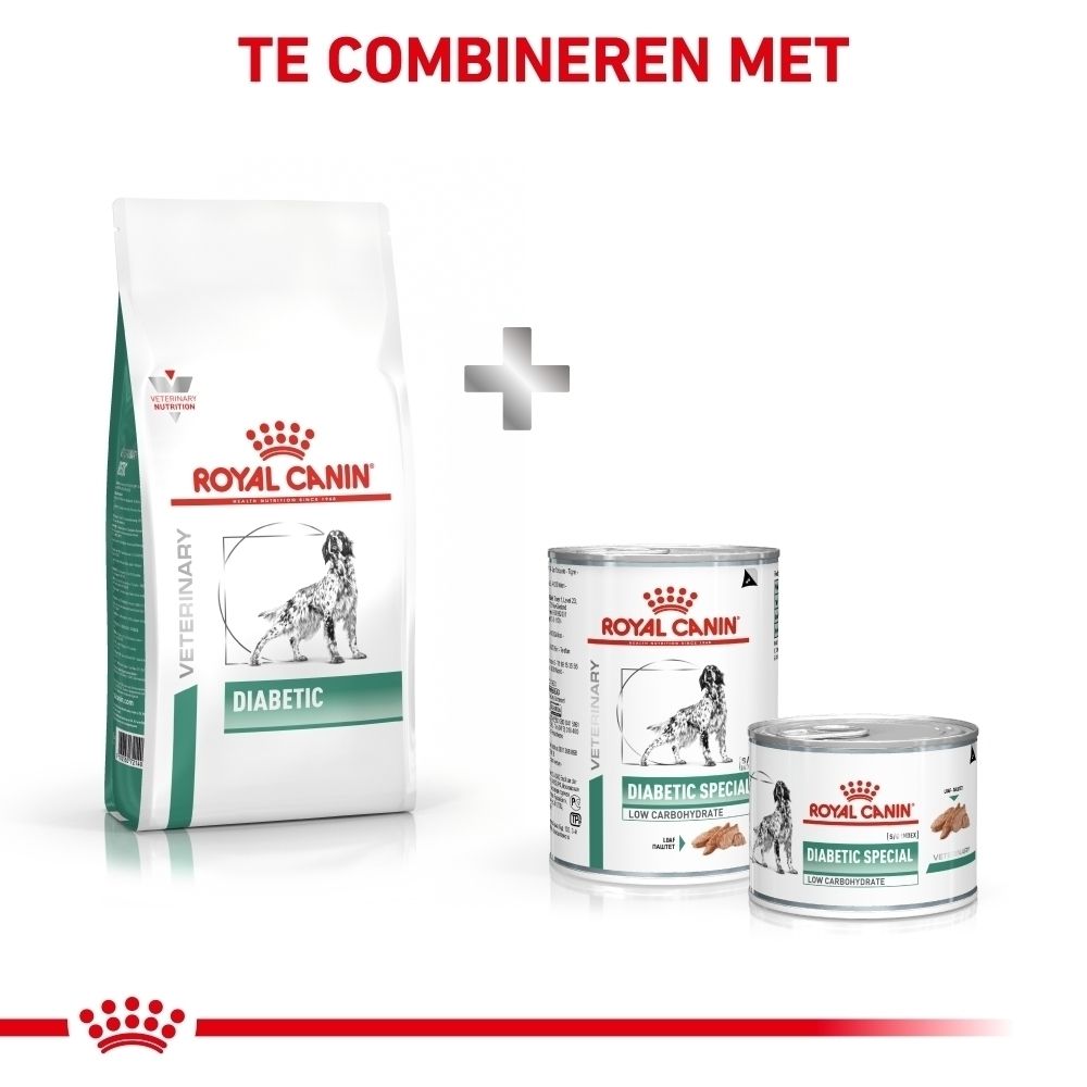 Zak ROYAL CANIN Veterinary Diabetic hondenvoer, 12 kg, van de zijkant gezien.