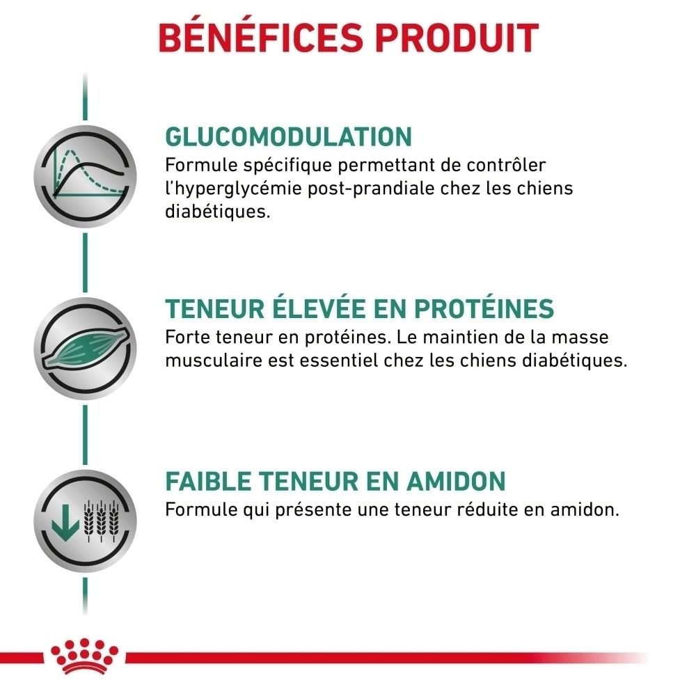 Arrière d'un sac de croquettes ROYAL CANIN Veterinary Diabetic avec informations.