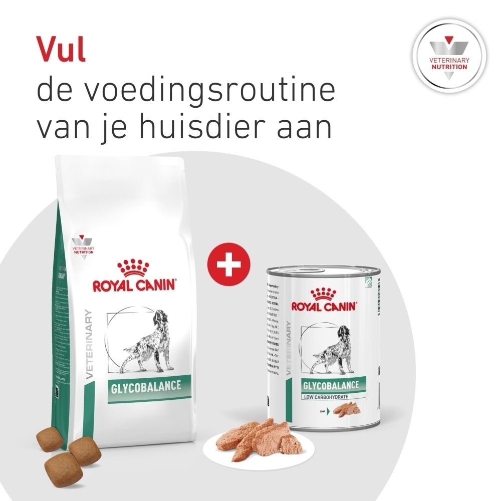 Grafiek: Hond met iconen die de voedingssamenstelling van ROYAL CANIN Veterinary Diabetic uitleggen.