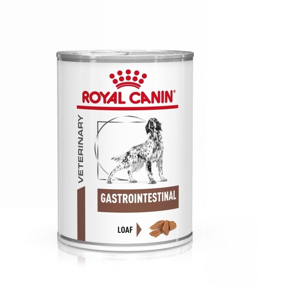 Een blik Royal Canin Veterinary Gastrointestinal natvoer, voorkant met hondenafbeelding.