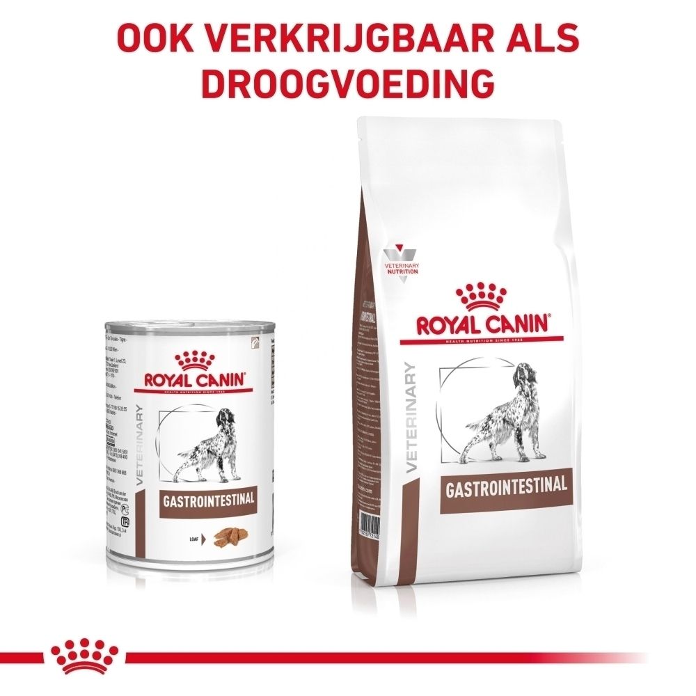 Een blik Royal Canin Veterinary Gastrointestinal natvoer, achterkant met gedetailleerde informatie.