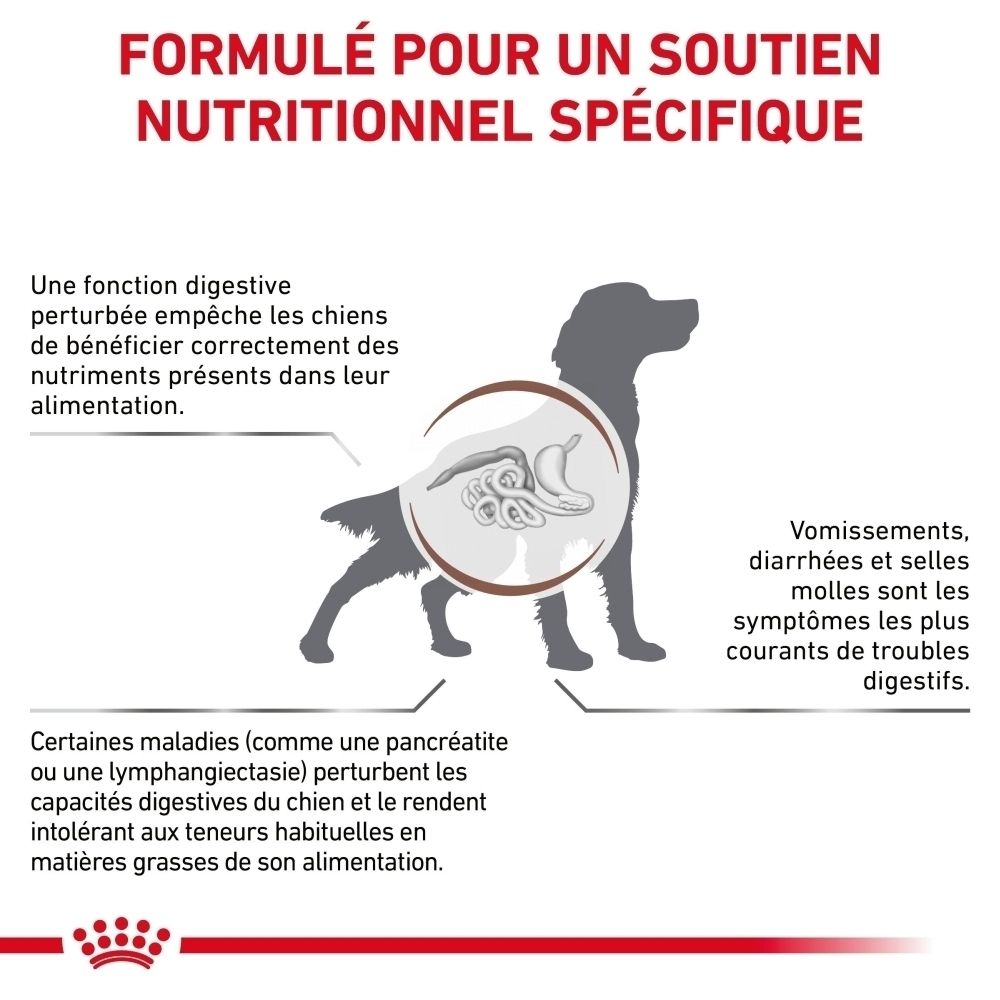 Côté d'un sac de croquettes Royal Canin Gastrointestinal Low Fat.