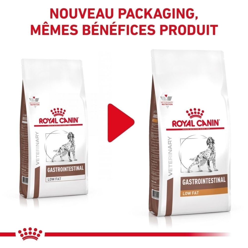 Nouveau packaging: Sac Royal Canin Gastrointestinal Low Fat ancien et nouveau.