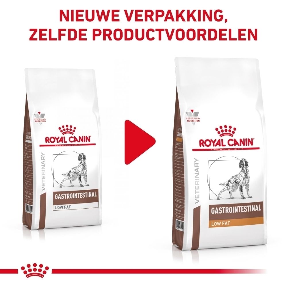 Vergelijking van twee verpakkingen ROYAL CANIN Veterinary Gastrointestinal Low Fat hondenvoer, "Nieuwe verpakking".