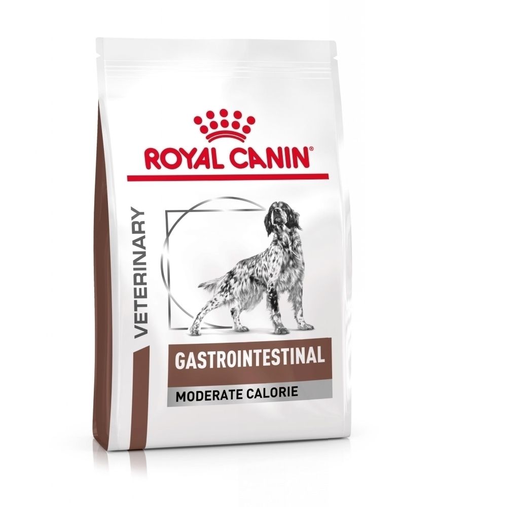 Zak ROYAL CANIN® Gastrointestinal Moderate Calorie hondenvoer met hondenillustratie.