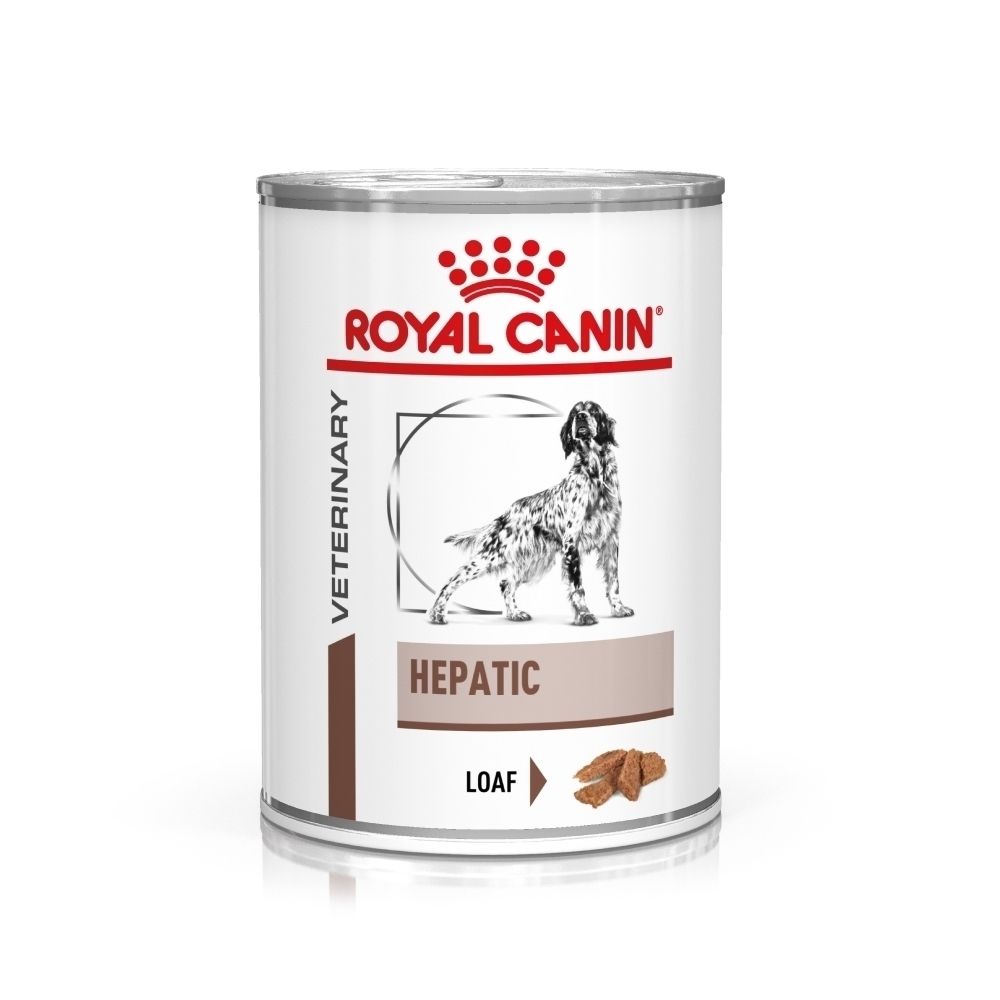Een blik ROYAL CANIN Veterinary Hepatic natvoer met een hond op het etiket.