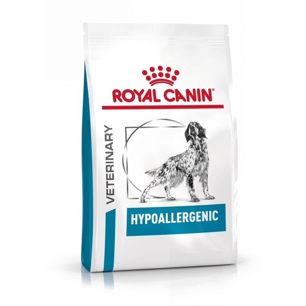 Sac de nourriture pour chien "ROYAL CANIN VETERINARY HYPOALLERGENIC" avec image de chien.