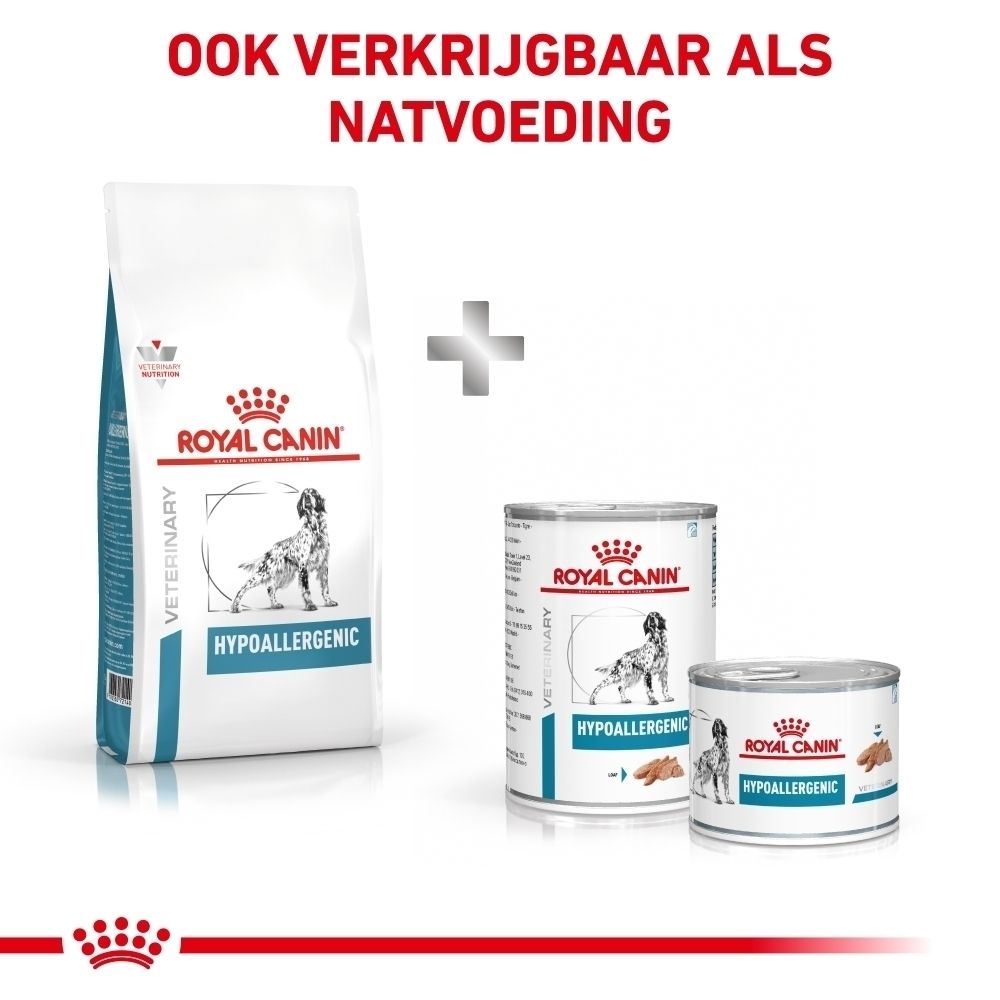 Zijaanzicht van een hondenvoerzak met "ROYAL CANIN VETERINARY HYPOALLERGENIC" erop.