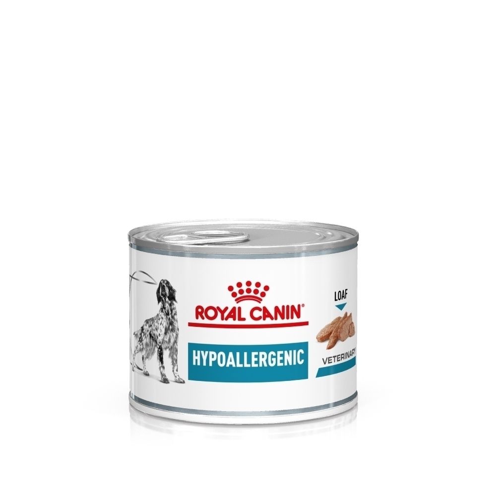 Eén blik ROYAL CANIN Veterinary Hypoallergenic dierenvoeding met hondenafbeelding.