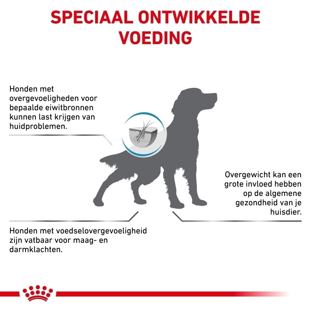 Speciaal ontwikkelde voeding voor honden met huid- en maag-/darmklachten, matige calorieën.