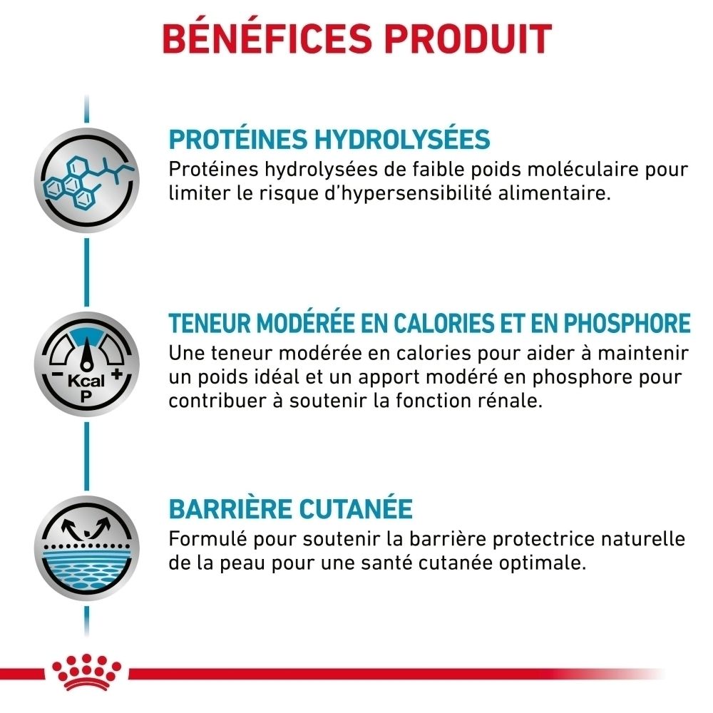 Sac de nourriture pour chien avec logo Royal Canin, inscription 'Hypoallergenic Moderate Calorie' et image de chien.