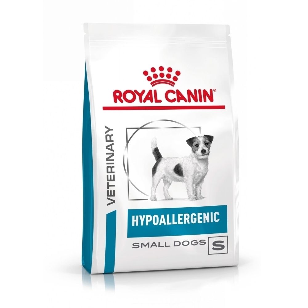 Avant d'un sac de nourriture pour chiens ROYAL CANIN Hypoallergénique Petites Races, avec illustration de chien et nom du produit.