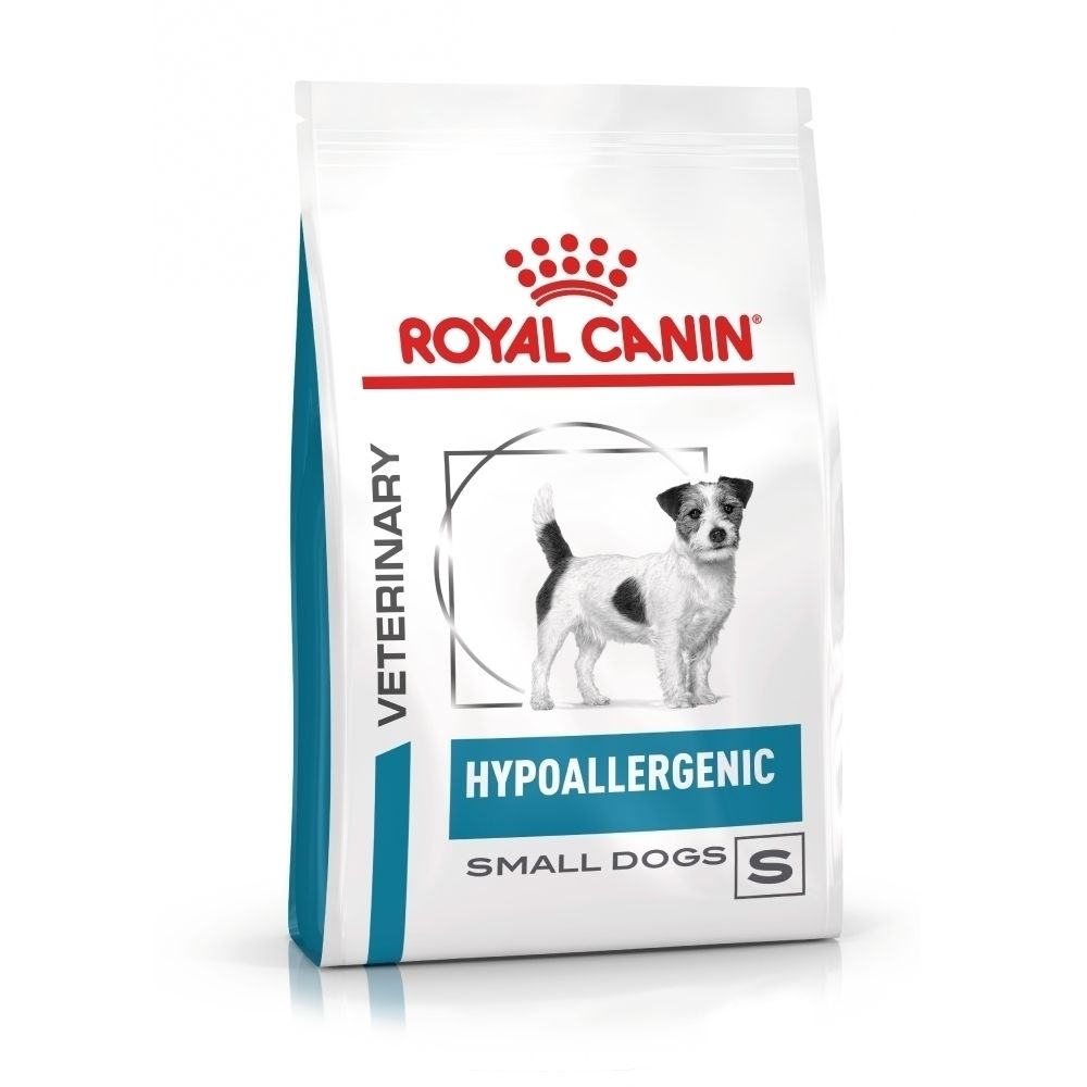 Voorkant van een zak ROYAL CANIN Hypoallergenic Small Dogs hondenvoer met afbeelding van een hond en productnaam.