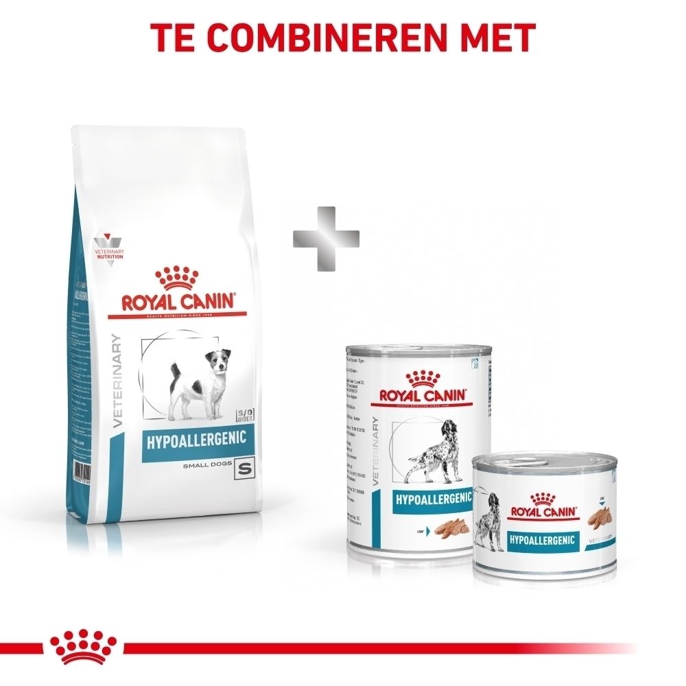 Zijkant van een zak ROYAL CANIN Hypoallergenic Small Dogs hondenvoer met gedetailleerde informatie.