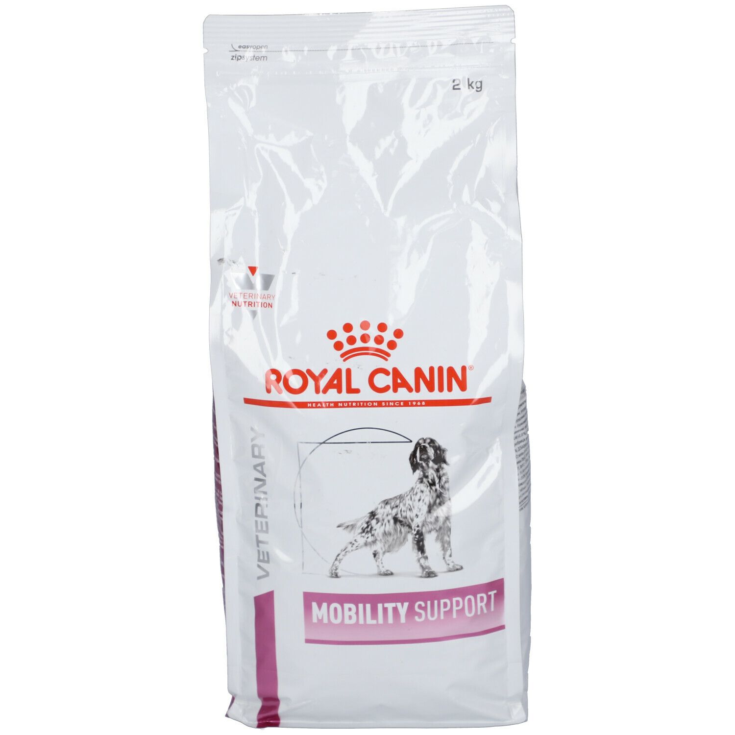 Witte zak met logo en tekst. Illustratie van een hond. Opschrift: Mobility Support.