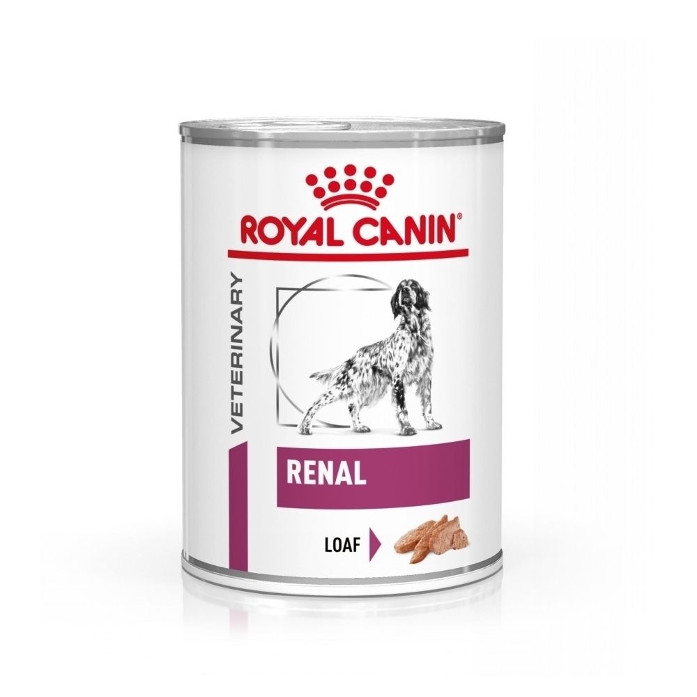 Une boîte de nourriture Royal Canin Renal pour chiens, avec illustration de chien et informations produit.