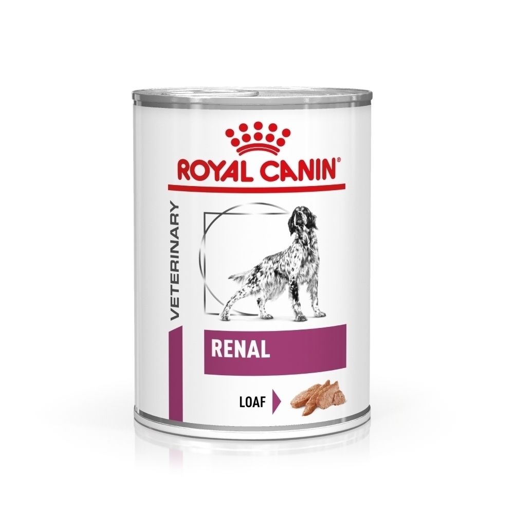 Eén blik Royal Canin Renal hondenvoer met hondenillustratie en productinformatie.