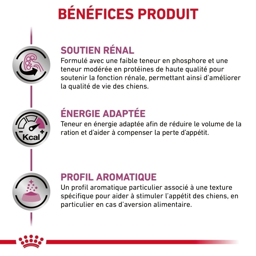 Avantages produit Royal Canin Renal : soutien rénal, énergie adaptée, profil aromatique.