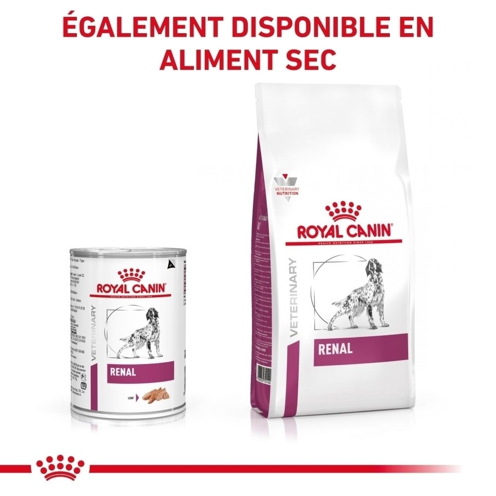 Nourriture Royal Canin Renal pour chiens en boîte et en sac de croquettes.