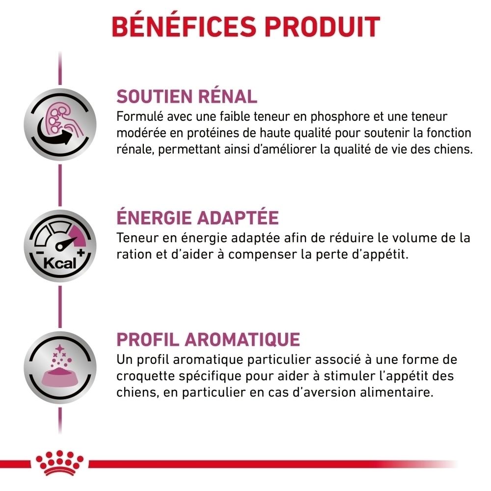Aperçu des avantages du produit pour nourriture pour chien avec icônes et texte.