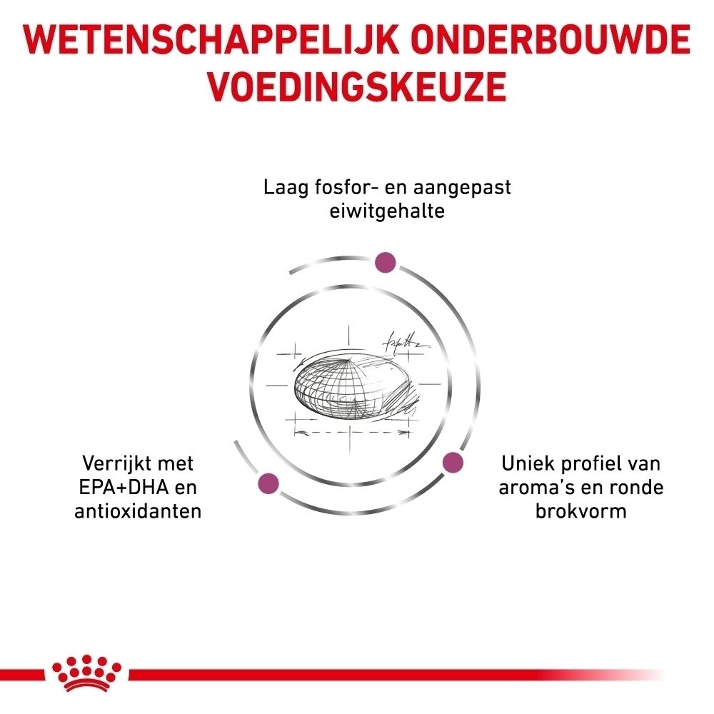 Grafiek die de productvoordelen van Royal Canin Renal Select voor nierondersteuning, energie en smaak toont.