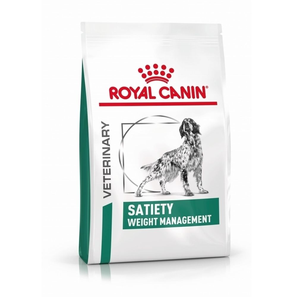 Sac de croquettes Royal Canin Veterinary Satiety Weight Management avec illustration de chien.