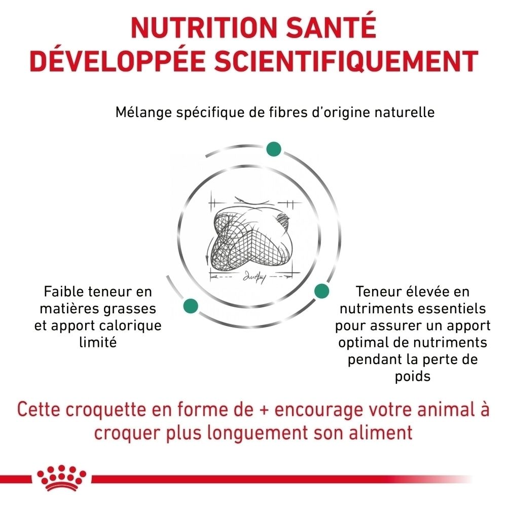 Graphique sur la nutrition scientifiquement développée de Royal Canin Veterinary Satiety Weight Management.