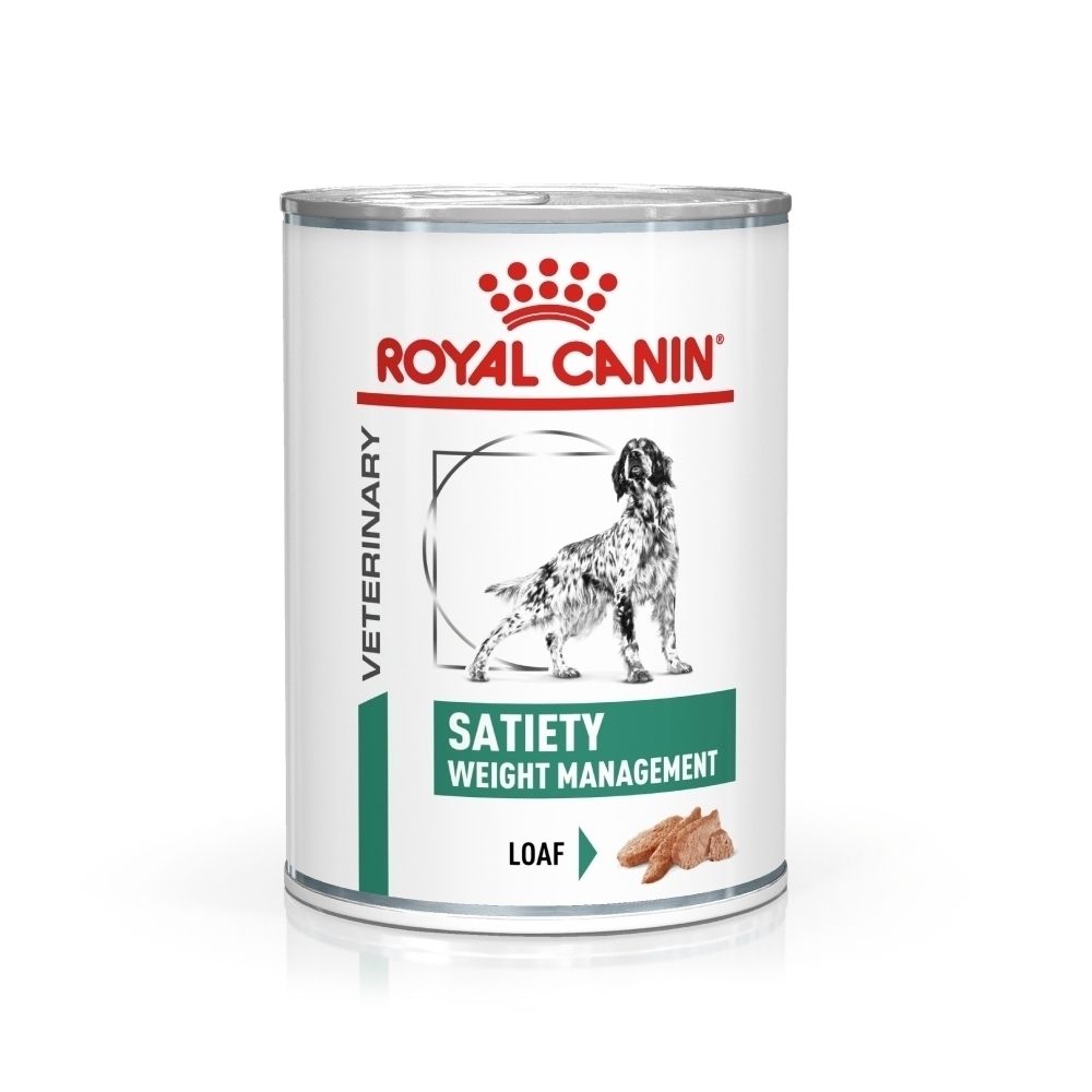 Blik ROYAL CANIN Veterinary Satiety Weight Management hondenvoer met hondenafbeelding en productinformatie.