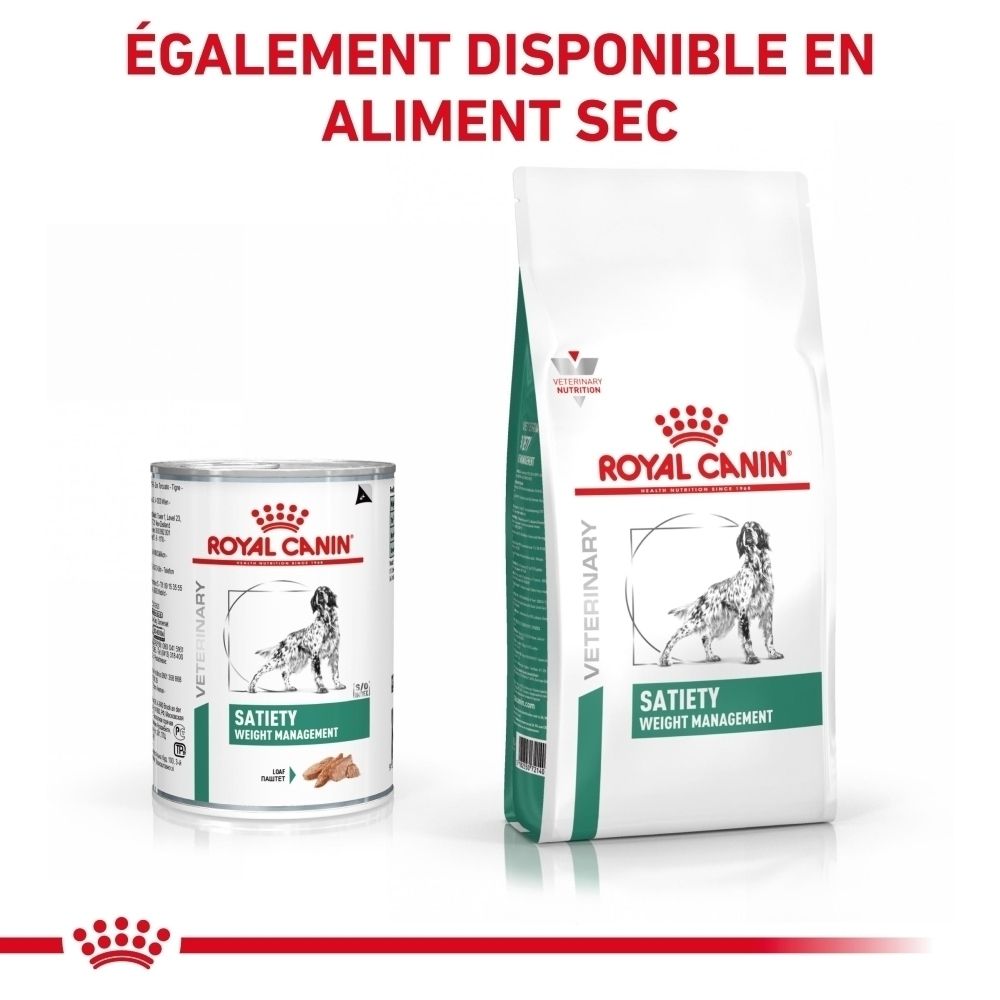 Nourriture vétérinaire ROYAL CANIN Satiety Weight Management en boîte et en sac.