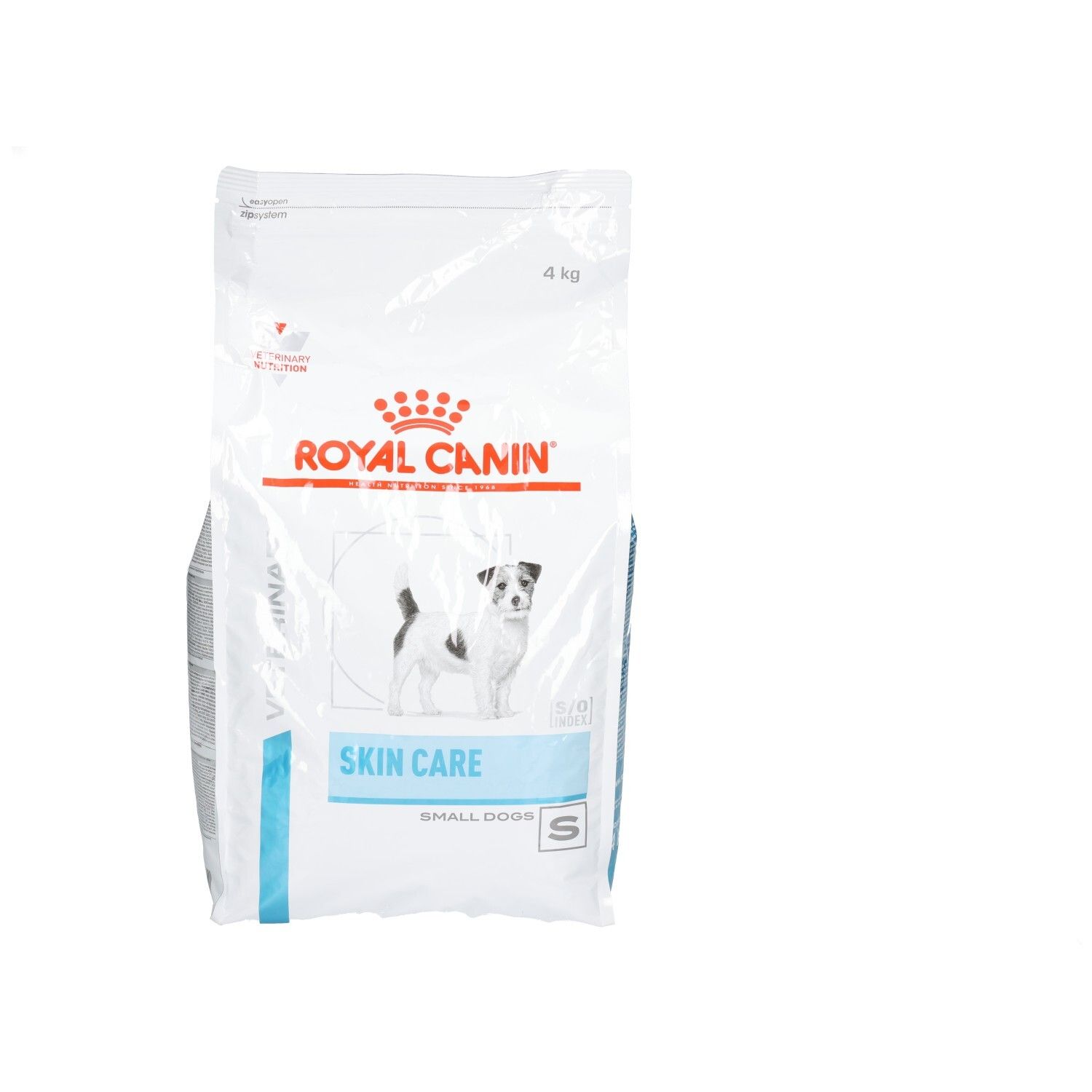 Sac de 4 kg de nourriture pour chien Royal Canin VET-D Skin Care, avec image de chien et informations produit.