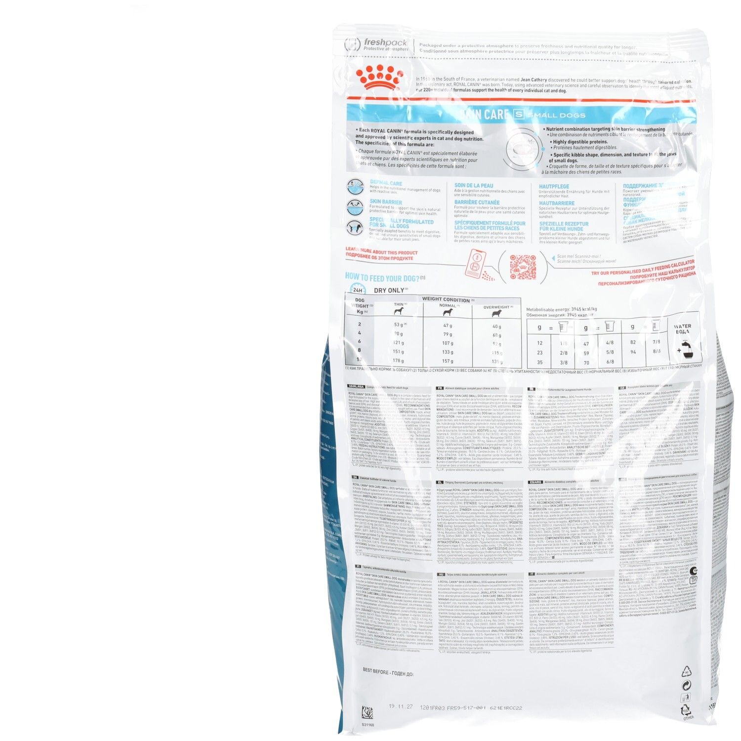 Arrière d'un sac de 4 kg de nourriture pour chien Royal Canin VET-D Skin Care avec tableaux d'alimentation et textes produit.
