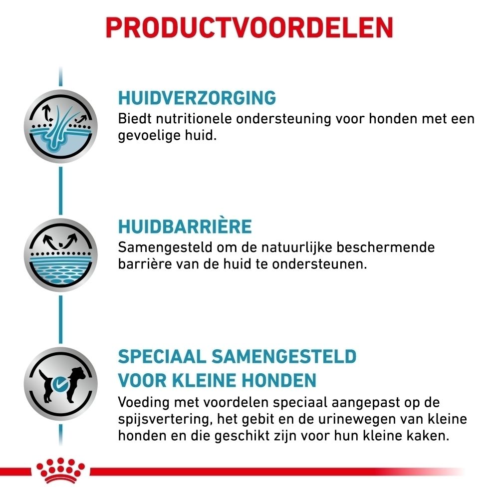 Grafiek met drie secties: Huidverzorging, Huidbarrière en Speciaal samengesteld voor kleine honden. Toont iconen en tekst over voedingsvoordelen voor honden.