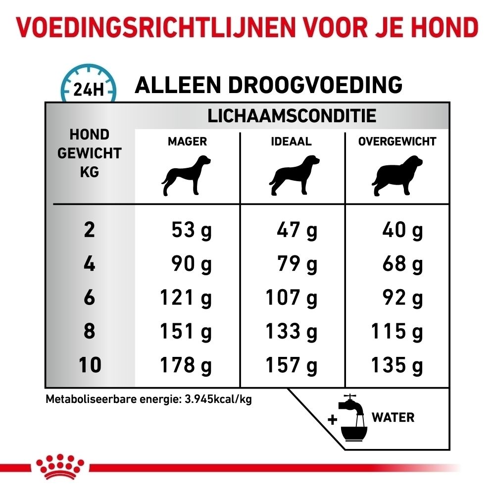 Voedingsrichtlijnen voor honden: gewicht, lichaamsconditie (mager, ideaal, overgewicht) en hoeveelheid voer in gram.