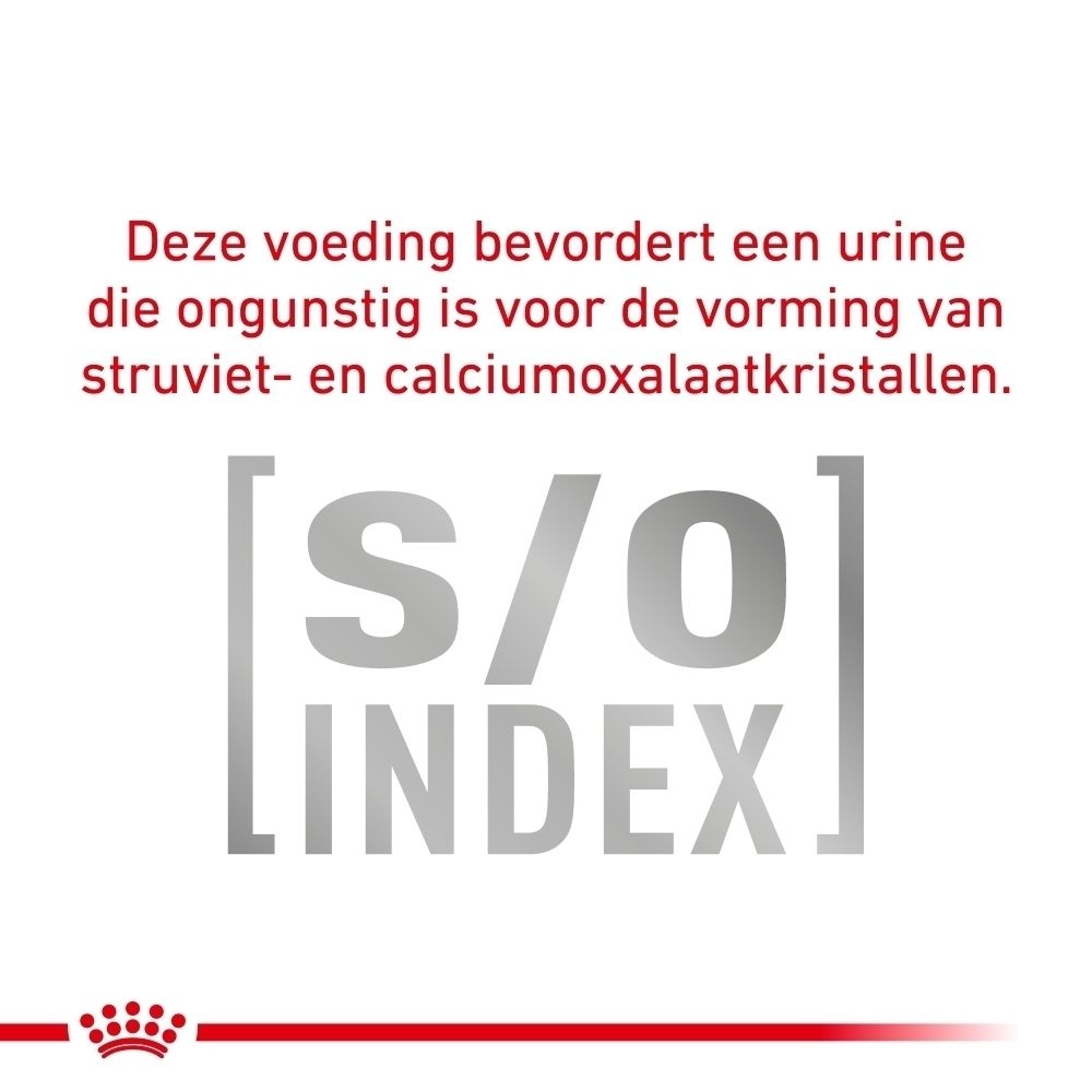Achterkant van een ROYAL CANIN VETERINARY URINARY S/O hondenvoer verpakking met tabellen en tekstuele informatie.