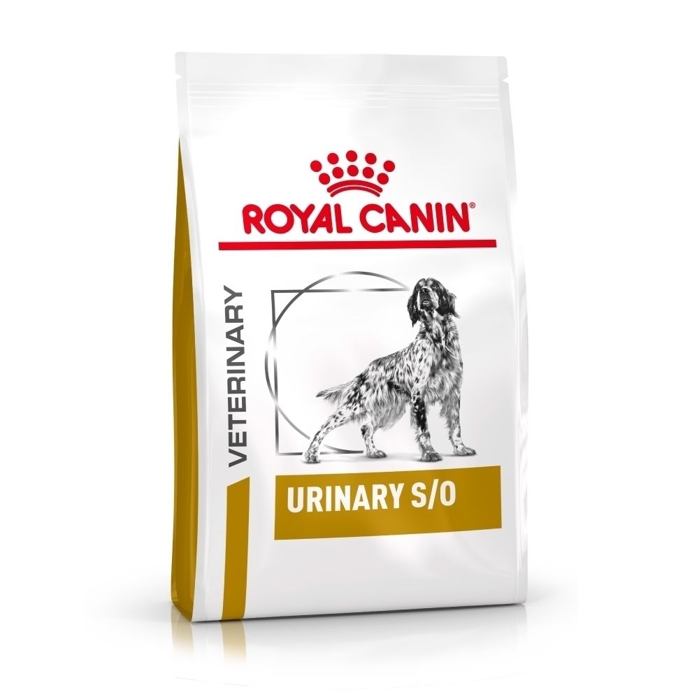 Voorkant van ROYAL CANIN® Urinary S/O hondenvoer verpakking met hondafbeelding en productnaam.