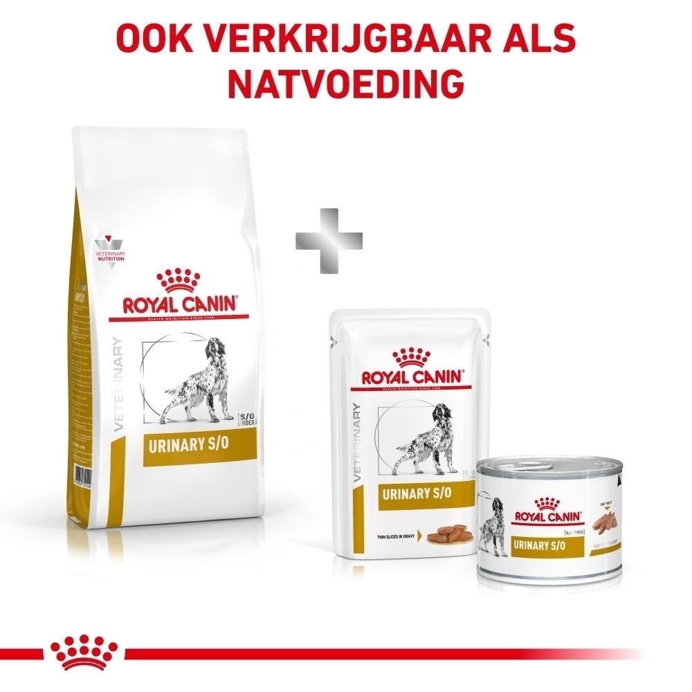 Achterkant van ROYAL CANIN® Urinary S/O hondenvoer verpakking met voedingsinformatie en voederadvies.