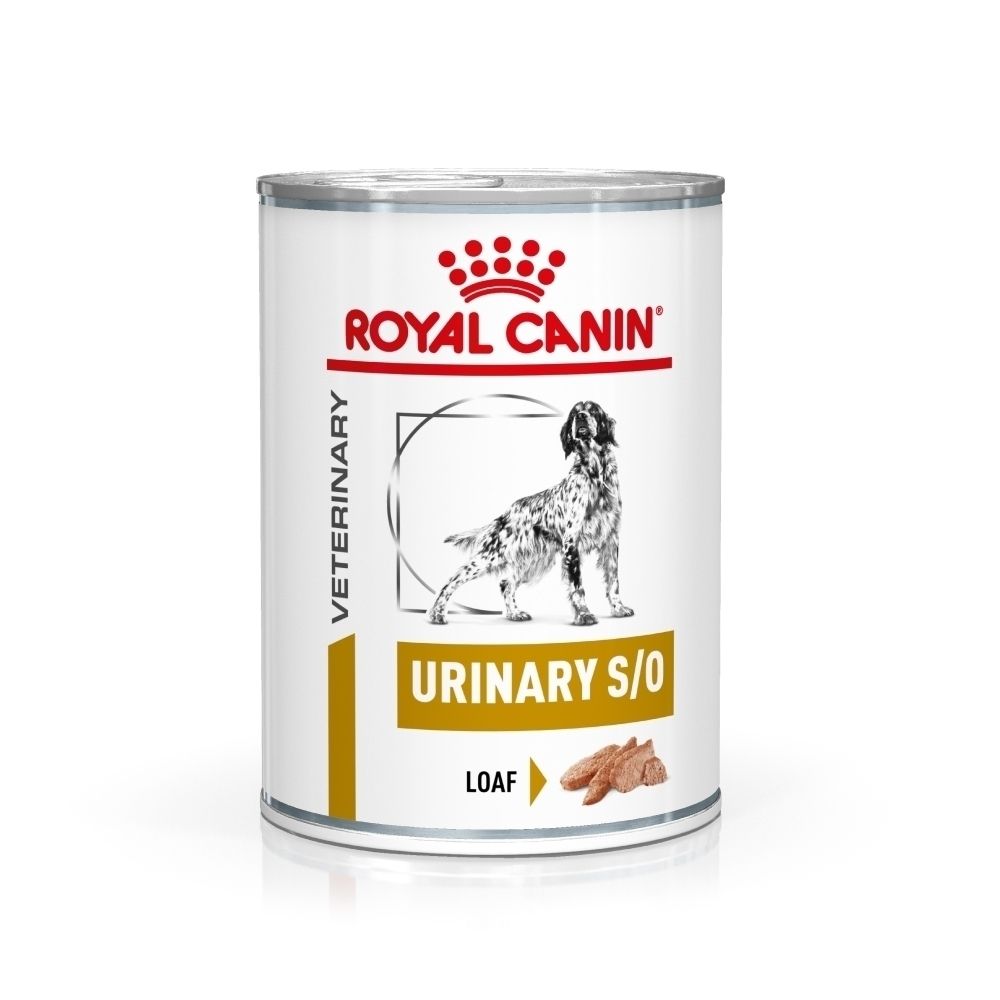 Een blik ROYAL CANIN® Urinary S/O hondenvoer.
