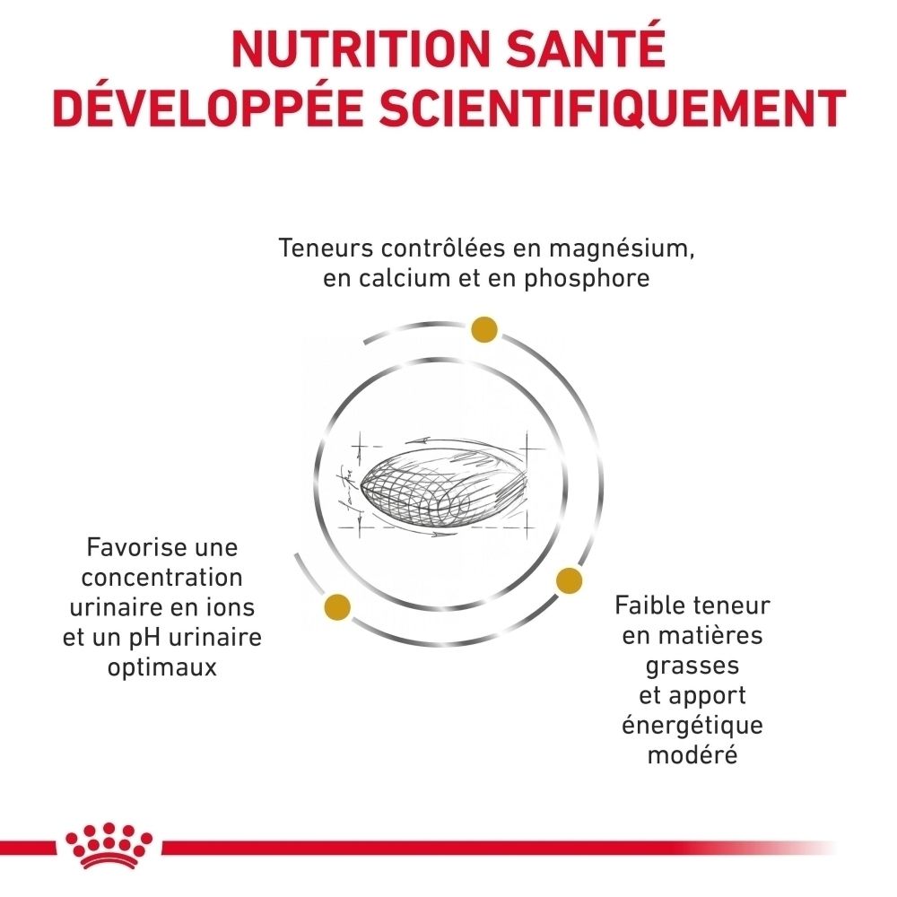 Graphique avec texte sur les minéraux contrôlés, la concentration urinaire et la faible teneur en matières grasses pour la nutrition animale.
