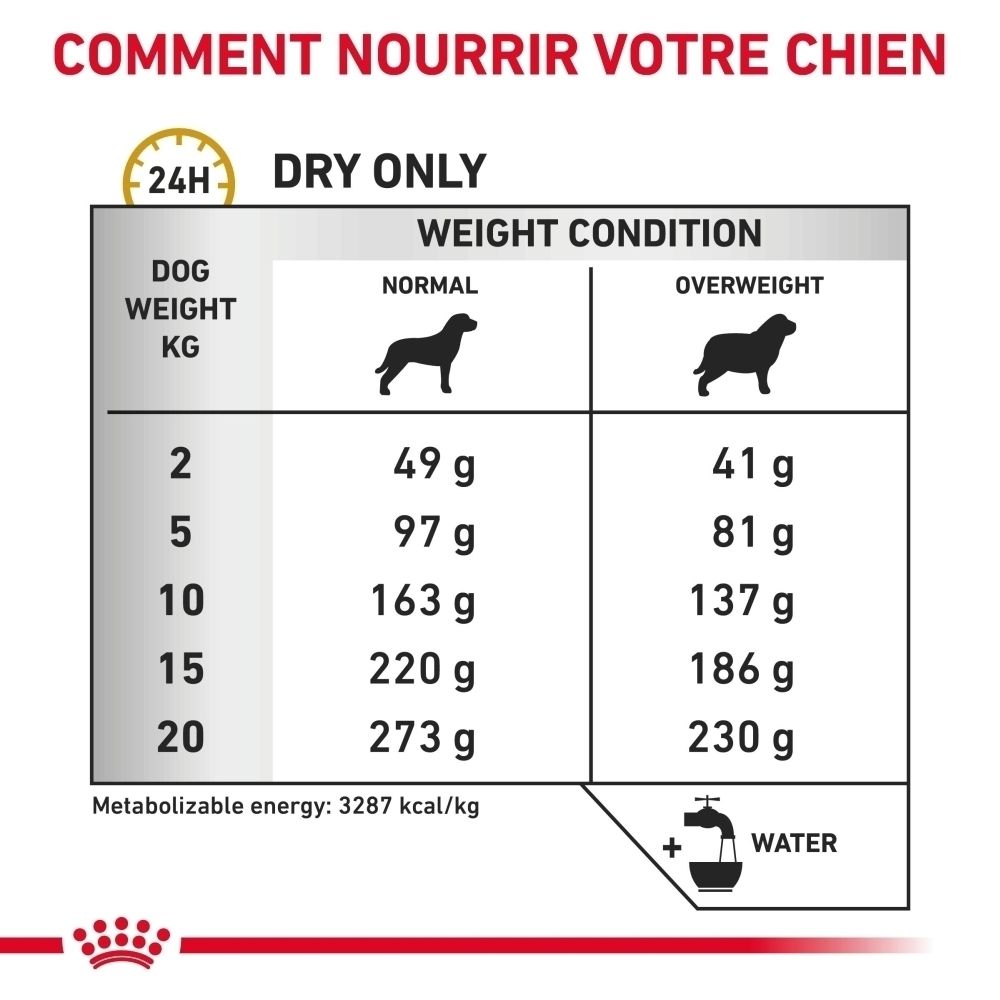 Tableau d'alimentation pour croquettes : poids du chien (kg) et quantité de nourriture (g) pour chiens normaux et en surpoids.