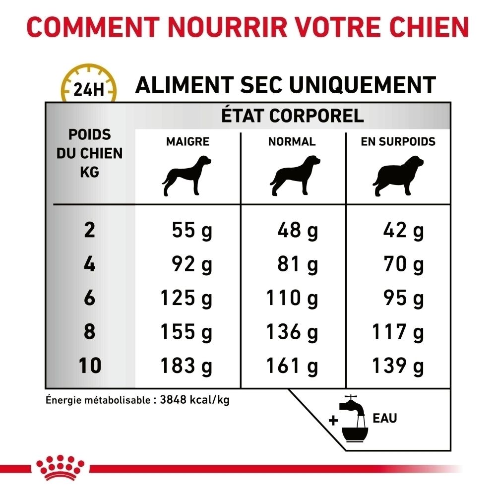 Sac de nourriture pour chien : recommandations d'alimentation selon le poids et la condition corporelle du chien.