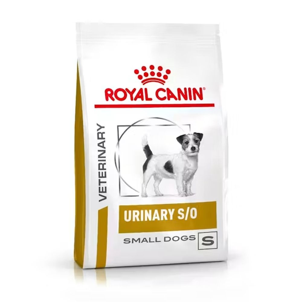 Sac Royal Canin Veterinary Urinary S/O Small Dogs avec image de chien.