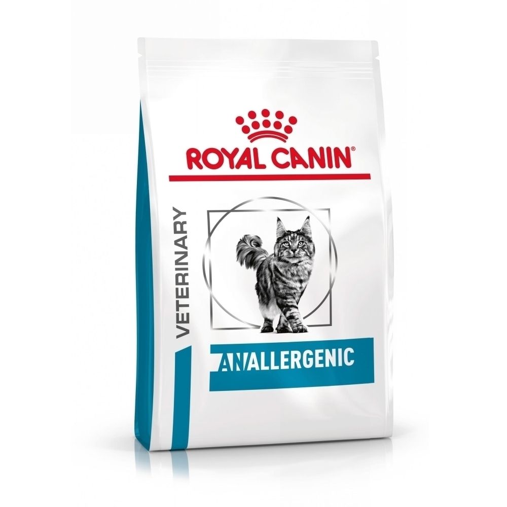 Sachet de croquettes vétérinaires Royal Canin Anallergenic pour chat, avec illustration de chat.