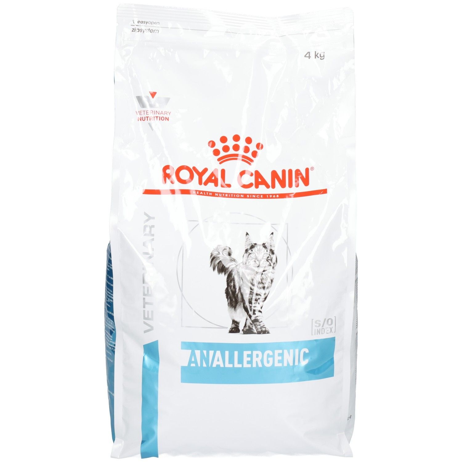 Sacs de 4 kg de nourriture Royal Canin Anallergenic pour chats, avec illustration de chat.