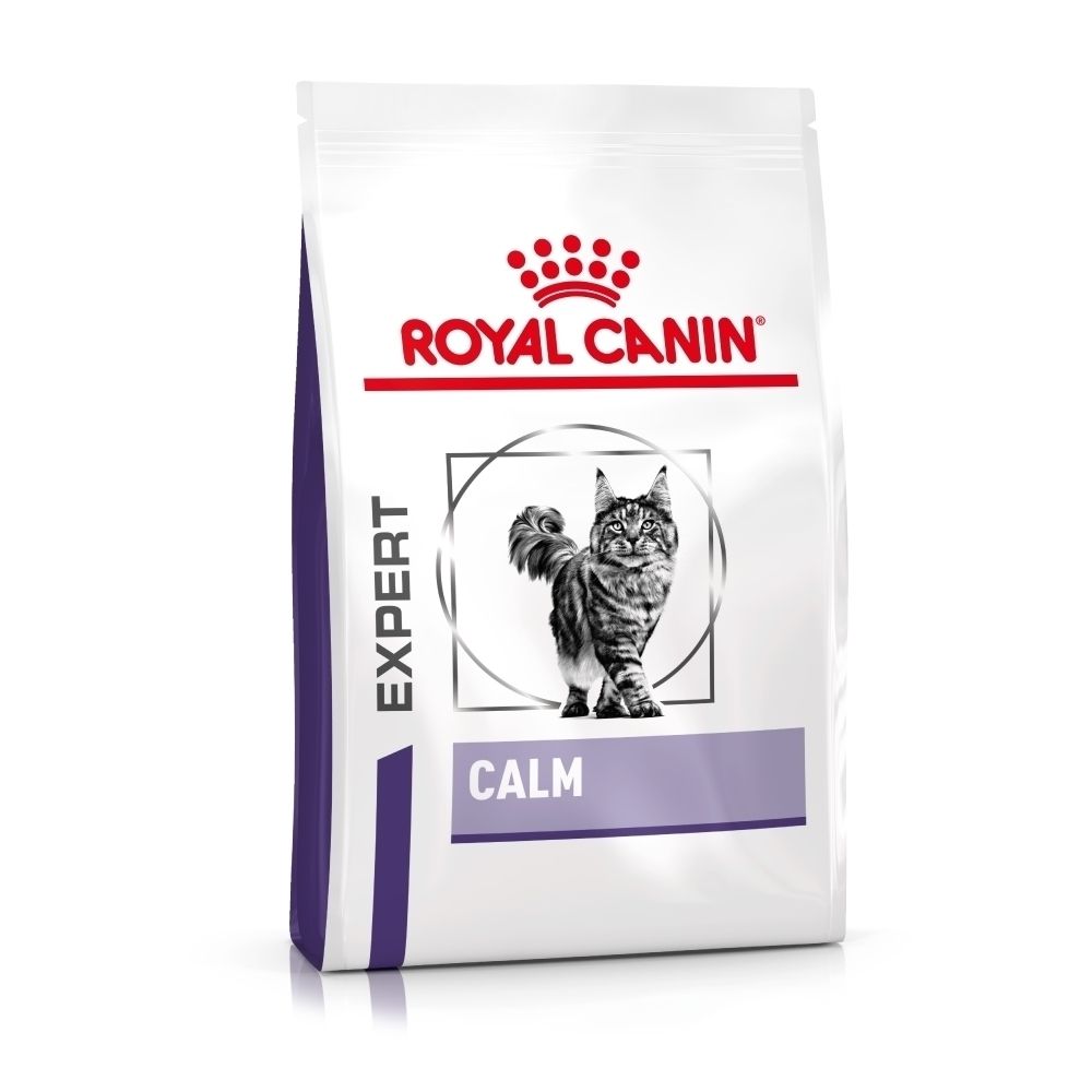 Voorkant van een zak ROYAL CANIN Veterinary Feline Calm droogvoer met een kat.