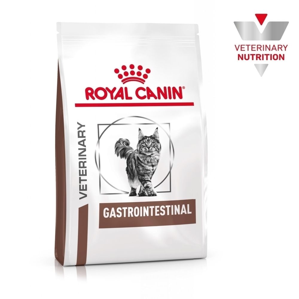 Un paquet de nourriture pour chats ROYAL CANIN® Veterinary Gastrointestinal avec une image de chat.