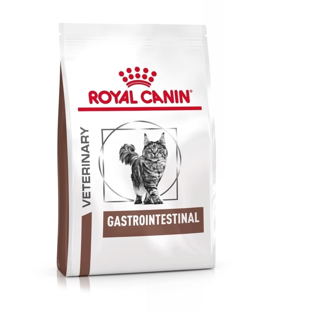 Een zak ROYAL CANIN® Veterinary Gastrointestinal kattenvoer met een kattenafbeelding.