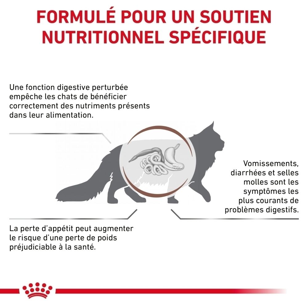 Paquet ROYAL CANIN® Veterinary Gastrointestinal avec indication de poids 400g et image de chat.