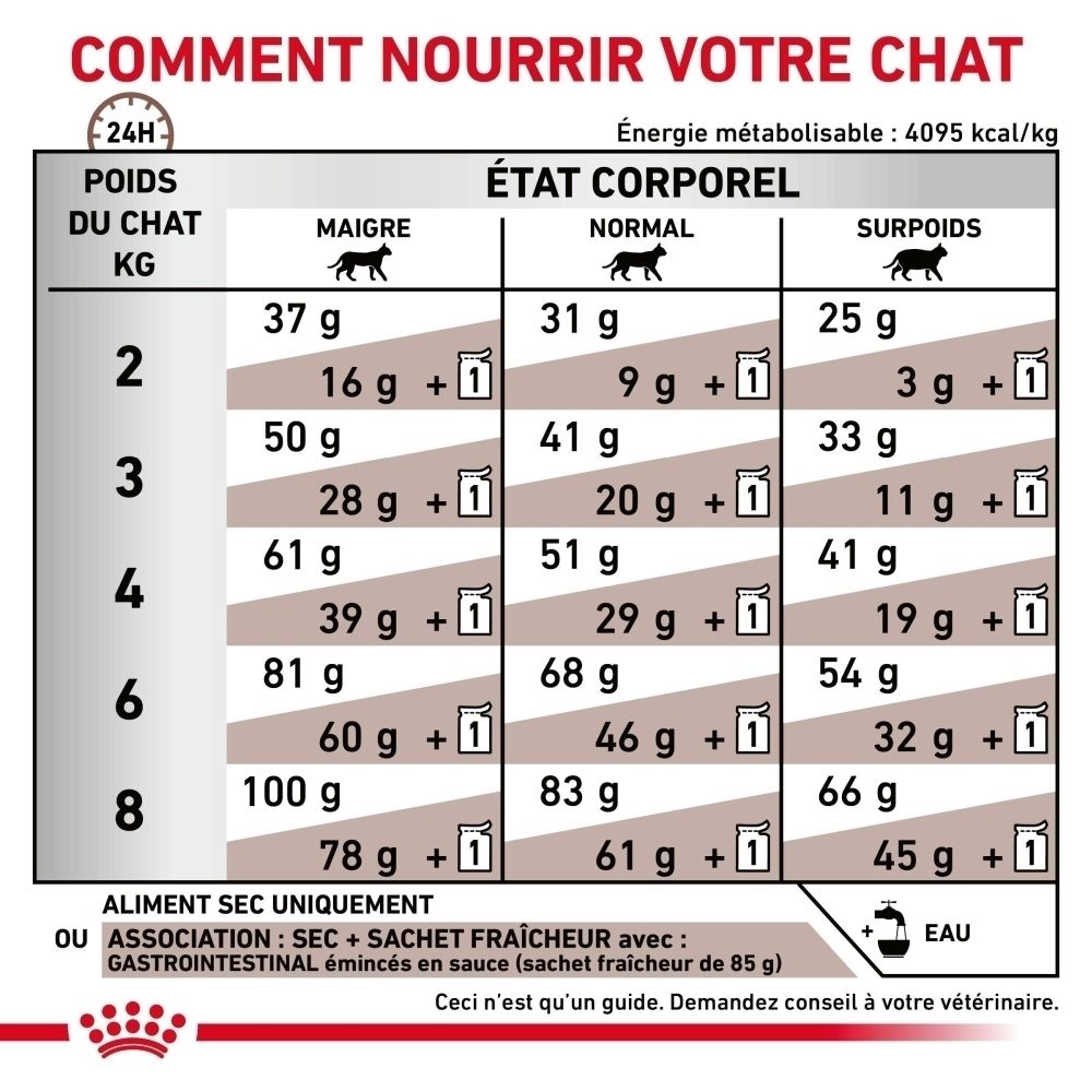 Paquet ROYAL CANIN® Veterinary Gastrointestinal avec indication de poids 400g et image de chat.